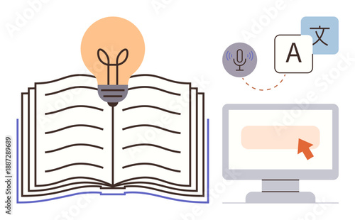 Language learning, translation tools, online education, knowledge sharing, content creation, multilingual support. Open book, computer screen and speech icons. Language learning and translation
