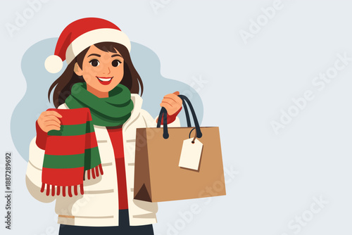 Festive asian young female shopping with gift bag and scarf in winter attire