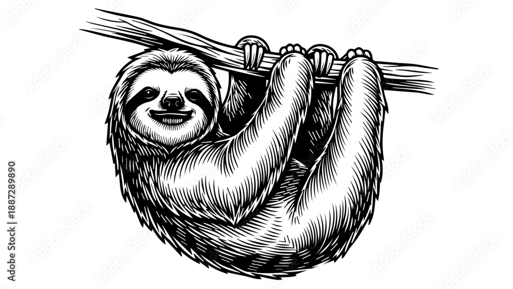 Naklejka premium Black and white illustration of a sloth hanging from a textured tree branch