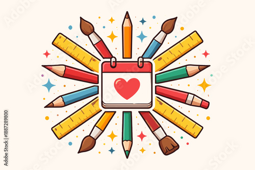Creative art supplies burst around heart calendar