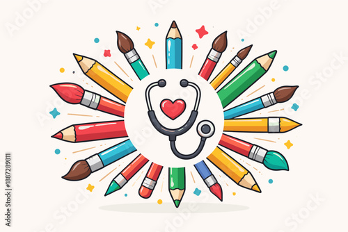Creative healing: stethoscope and heart surrounded by colorful pencils and brushes