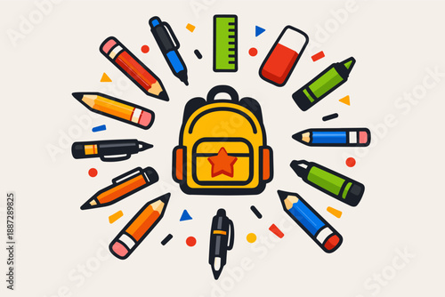 Colorful school supplies circle featuring backpack with star and stationery items