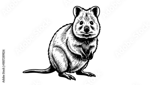 Black and white illustration of a seated squirrel with a bushy tail