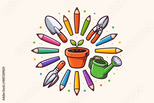 Colorful garden tools and potted plant surrounded by pencils