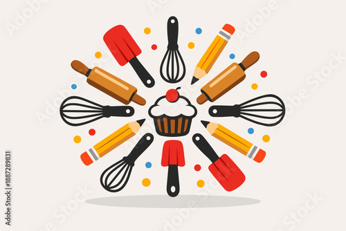 Colorful baking tools and cupcake central design with rolling pins and whisks