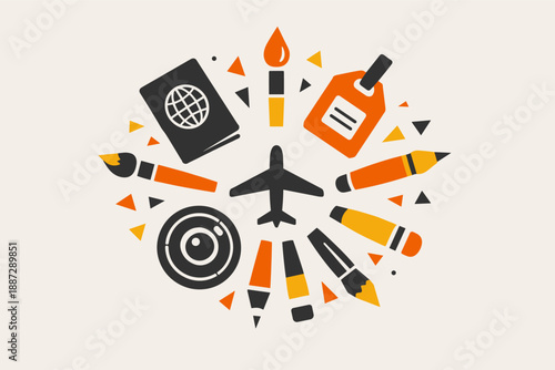 Creative travel icon set featuring airplane, paintbrush, camera lens, passport, and tags