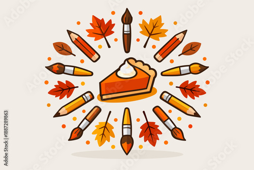 Autumn art: slice of pie surrounded by pencils, brushes, and fall leaves