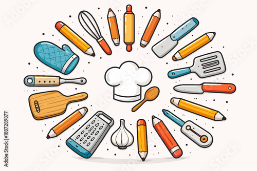 Colorful circular arrangement of kitchen utensils and pencils surrounding chef hat