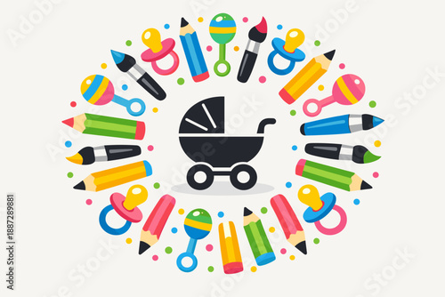 Colorful baby-themed design with stroller, pencils, and pacifiers