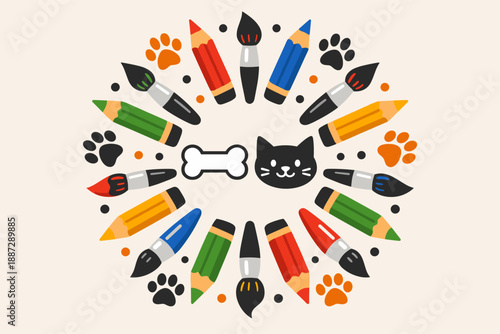 Colorful art supplies and pet icons in circular layout