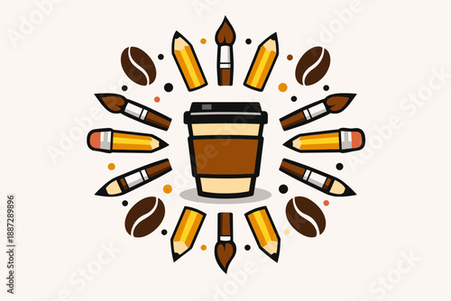 Coffee cup surrounded by artistic tools and coffee beans