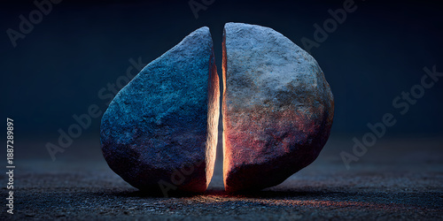 Divided Stone, United Light: A split stone reveals a glowing core, symbolizing division and unity with contrast. 