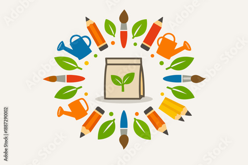 Eco-friendly art supplies surrounded by leaves, brushes, and pencils