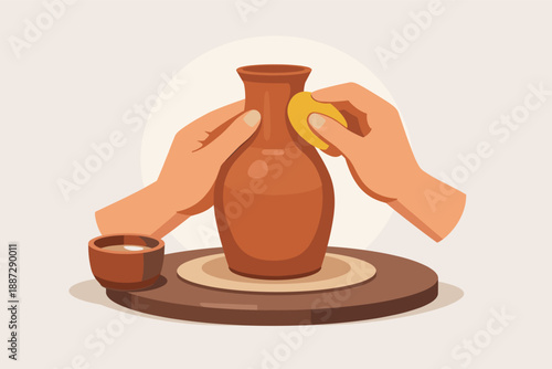 Hands shaping clay vase on pottery wheel with sponge and bowl