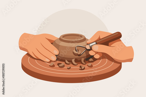 Hands crafting clay pot: art of pottery with sculpting tools