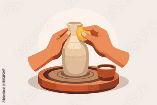 Crafting pottery: hands shaping ceramic vase with clay tools