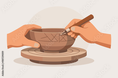 Hands crafting and designing pottery on a wheel