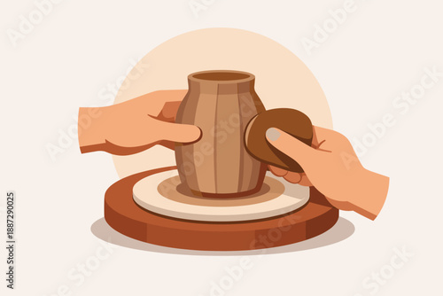 Hands shaping pottery on wheel creating clay vase with sponge