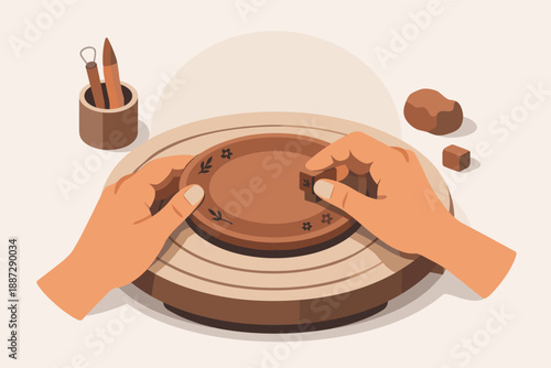 Hands crafting clay plate with engraved patterns on pottery wheel