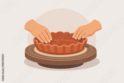 Child's hands crafting clay pot on potter's wheel