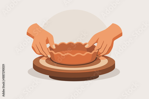 Hands crafting clay pot on pottery wheel