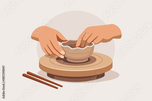 Hands shaping clay pot on wheel with chopsticks in background