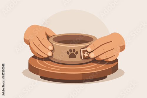 Hands holding wooden dog bowl with paw print on pedestal