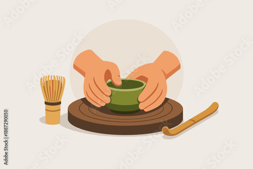 Japanese tea ceremony setup with whisk and bamboo stirrer