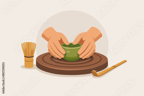 Traditional japanese tea ceremony set with matcha bowl and whisk