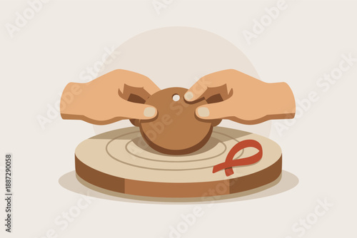 Crafting pottery by hand on a wheel with red ribbon of remembrance