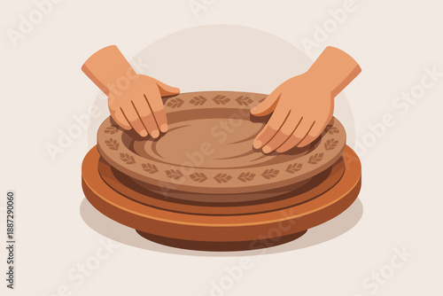 Hands shaping clay plate with intricate leaf patterns