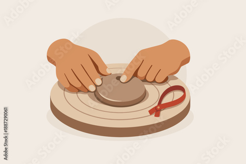 Hands sculpting clay on pottery wheel with red ribbon