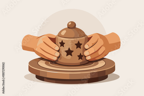 Child's hands crafting clay pot on pottery wheel in warm tones