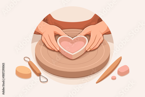 Crafting heart-shaped clay art with hand tools on wooden board