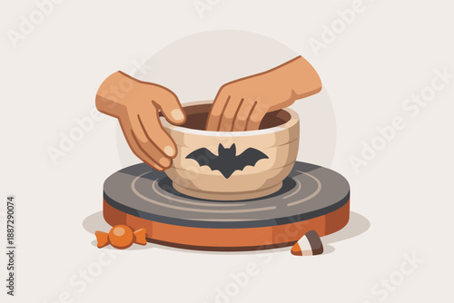 Hands reaching into halloween bowl with bat design for candy