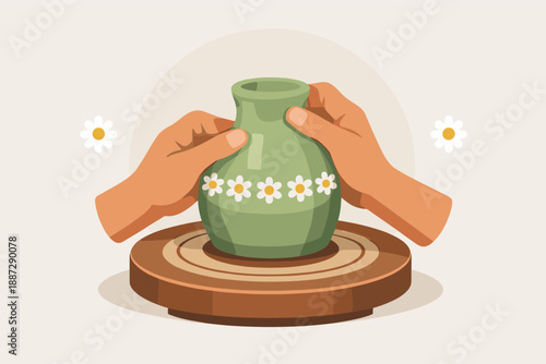 Pottery crafting with hands shaping a flower-decorated vase