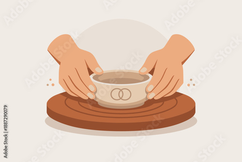Ceramic bowl shaping by hands on potter's wheel in minimalist illustration