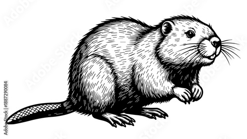 High-contrast black-and-white illustration of a beaver with detailed fur and prominent tail