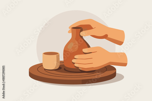 Hands arranging ceramic bottle and cup on wooden tray
