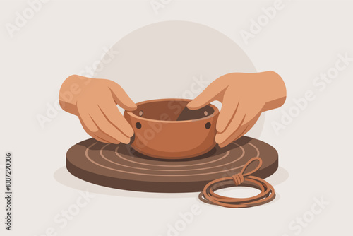 Hands shaping clay pot for ceramic art on wheel