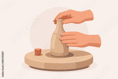 Hands crafting clay bottle on pottery wheel with cork stopper