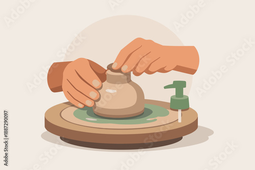 Hands shaping pottery on wheel with clay and water