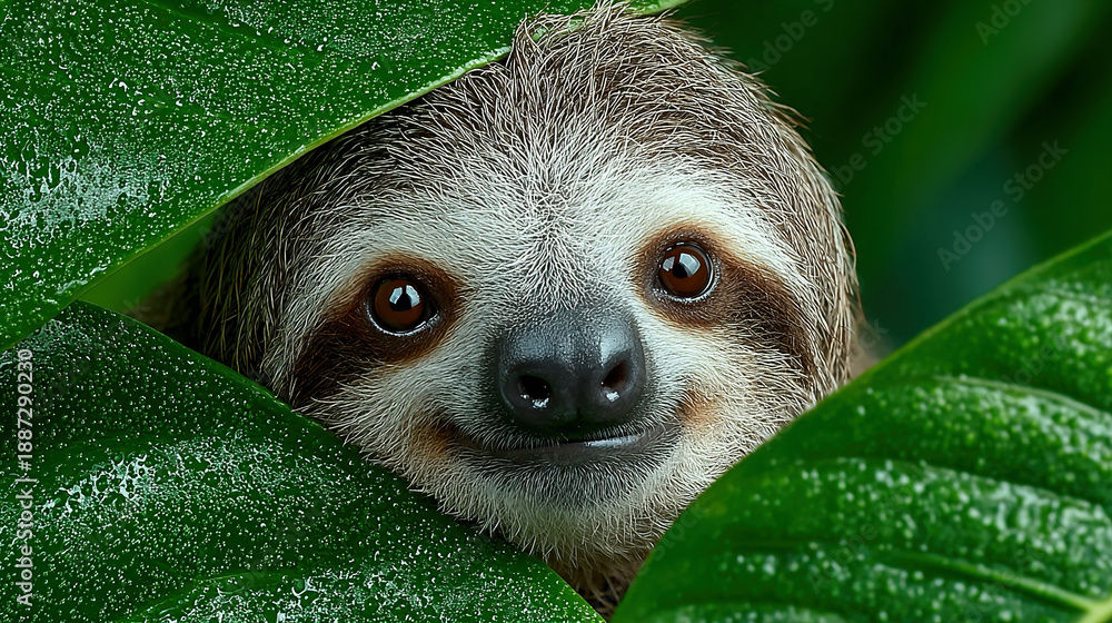Fototapeta premium A sloth peeking out from behind lush green leaves.