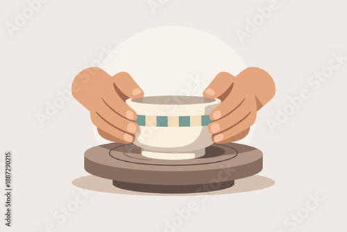 Hands shaping clay pot on pottery wheel: craftsmanship and creativity