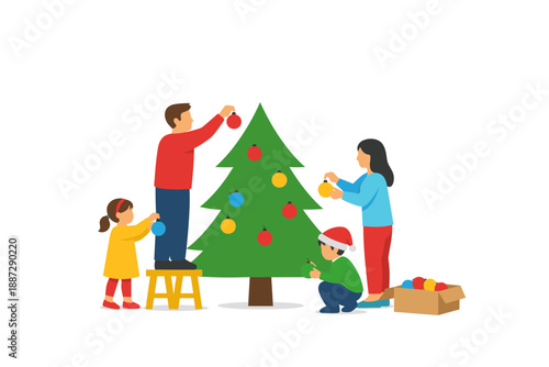 Family decorating christmas tree together with ornaments