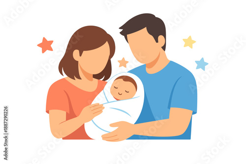 Young caucasian parents with newborn baby surrounded by colorful stars