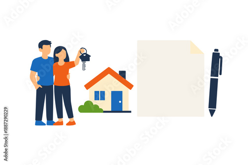 Asian couple celebrating new home purchase with key and house symbol