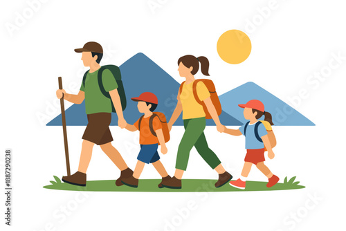 Family hiking adventure with mountains and sun