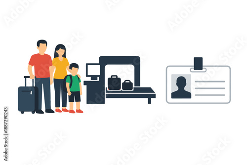 Family traveling through airport security checkpoint with luggage and id badge