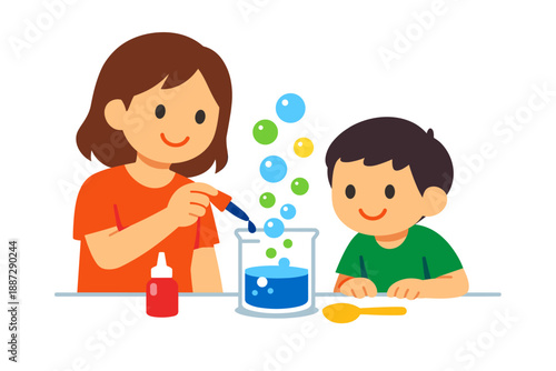 Children conducting fun science experiment with bubbles and liquids